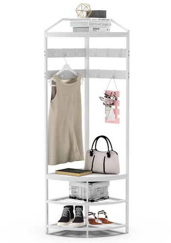 VEDECASA Garderobenständer Metall-Eckgarderobe Flurbaum freistehender Kleiderständer mit 12 beweglichen Haken,und Aufbewahrungsregal für Flur Wohnzimmer Schlafzimmer Büro Flur Eingang weiß