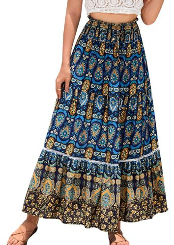 Genfien kjolar för kvinnor med elastisk hög midja, maxikjolar, 2 i 1 vintage maxikjol, sommar, långa klänningar, elegant A-linje strandkjol, marinblå, en storlek