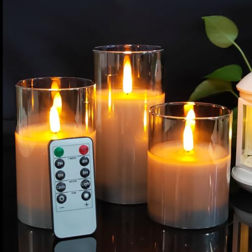 3D Wick Dancing LED Flickering Flameless Candles, Battery Operated Silver Grey Glass led Candles with Remote and Timer, 4 in, 5 in, 6 in, 3 Pack for Party,Wedding,Christams
