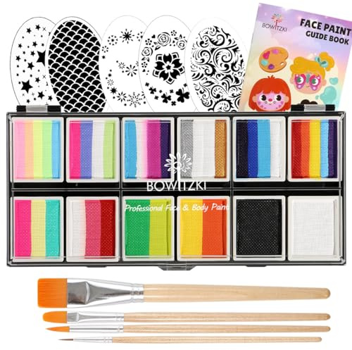 Bowitzki Kit pittura viso professionale per bambini, 12 x 10 g, Stencil One Stroke Split Cake non tossico, Rainbow Flora Dolphin Unicorn Flame Body Paint Makeup – Bright Set