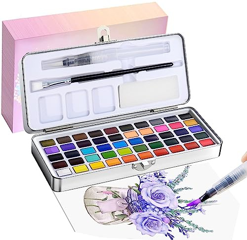 Ccfoud Acuarelas que incluyen 50 Colores Metalizados y Fluorescentes Intensos en Caja Portátil - Kit Perfecto con Pincel de Agua para y Profesionales (50 Colores)