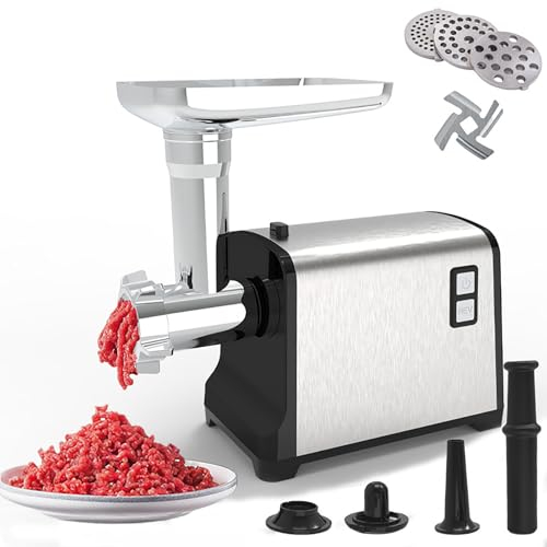 FfiMe Picadora de Carne eléctrica, Motor de Cobre Puro de 1800 W, máquina llenadora de Salchichas con 3 Tipos de Cuchillas de Acero Inoxidable, Poco Ruido, fácil de Limpiar