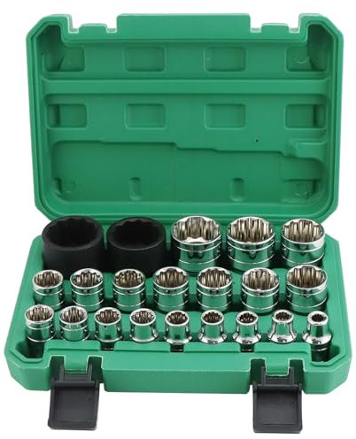 QWORK® 21 Piezas Llaves de Vaso, Llaves de Vaso Multidiente 1/2, 8-36 mm 12 Caras Juego Vasos