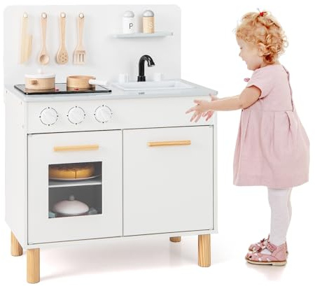 HOMASIS Cuisine pour Enfant en Bois, Ensemble de Cuisine avec Effets de Lumière et de Son Cuisinière, Évier, Étagères de Rangement, Four, Ustensiles pour Enfants de 3 Ans + (Blanc)