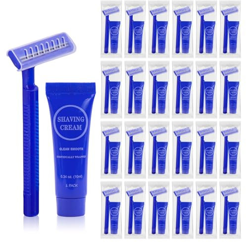 Confezione da 30 rasoi da viaggio con crema da barba, crema da barba liscia da 9,6 g, per uomo, rasoio usa e getta a doppia lama, adatto per viaggi, affari, ospiti, hotel, beneficenza (blu)