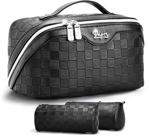 BOYATU Travel Makeup Bag Organizer: 3 Pcs Set Large Capacity Cosmetic Bags Holds 10–20 100ml Full-Size Bottles for 3–15 Day Trips - 180°Open-Flat Make up Case 3-sec touch-up - Toiletry Bag Gift women