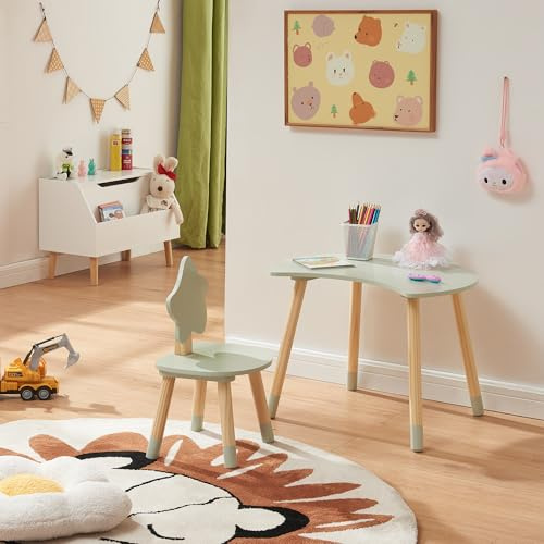 [en.casa] Juego Mesa y Silla Infantil Lallega Diseño Atractivo Respaldo en Forma de Estrella Tablero en Forma de Luna Conjunto de 2 Piezas para Niños Niñas MDF/Pino 44x60x50 cm - Verde Menta