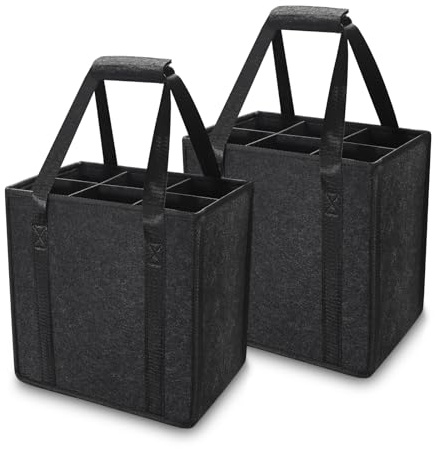 Lot de 2 sacs à bouteilles pour 6 bouteilles, porte-bouteilles en feutre solide avec poignée, porte-bouteilles pliable avec séparateurs, sac de courses pour bouteilles d'eau, vin et bière, 27 x 20 x