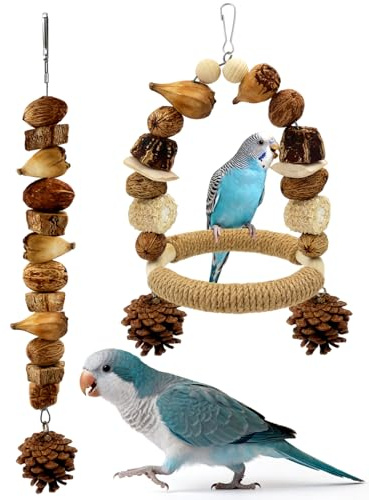 2Pcs Natural Bird Chew Toys, Wood Parakeet Swing Toys with Sisal Wrap for Claw Grinding, Hanging Safe Chew Toys for Parrot Beak Care, Multi-Play Design Cockatiel Toys for Budgie Conure Keeps Busy