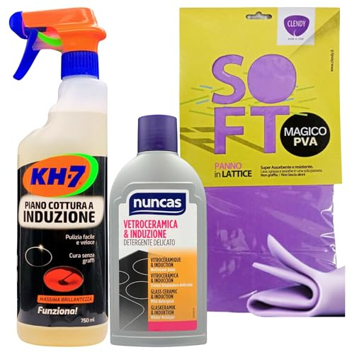 SET PULIZIA: Detergente Spray Per Piano Cottura a Induzione 750ml + Detergente Delicato Vetroceramica e Induzione 250ml + Panno In Lattice SOFT, Formato 30x30