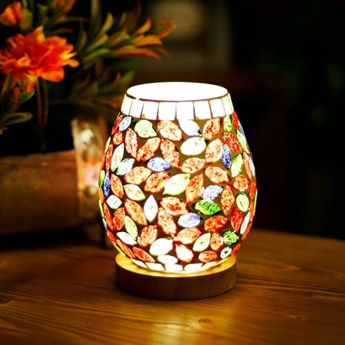 Maimeili Lampada da Tavolo Turca a Mosaico - Luce Retrò in Vetro, Lampada da Comodino Bohemien con Base in Legno, Alimentazione USB, Lanterna Marocchina per Soggiorno e Camera da Letto