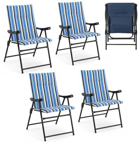 COSTWAY Set of 2 Foldable Beach Chairs, High Back Padded Camping Chairs (4) | with Armrests & Wide Seat, 150 kg Capacity, Portable Folding Chairs for Garden, Balcony and Patio