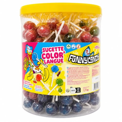 Funny Candy Color’Langue – Pot de 200 Sucettes Cerise, Cola et Pomme
