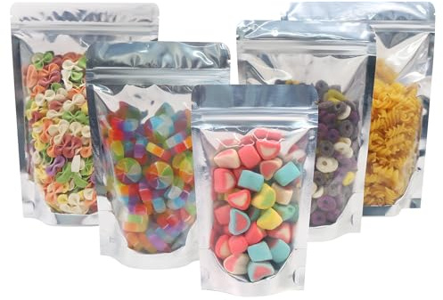 SumDirect 50 st mylarpåsar med dragkedja – 9 x 15 cm – med visningsfönster – aluminiumfolie – förpackning för förpackningspåsar, matförvaring
