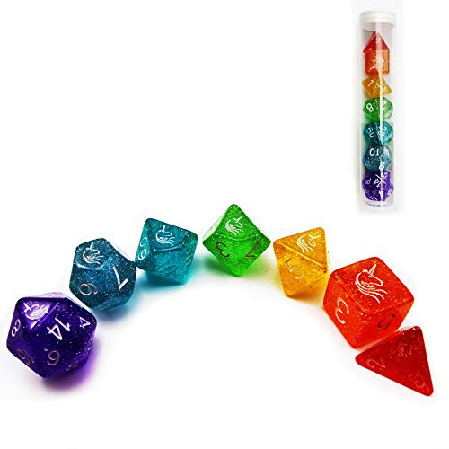Bescon Unicorns Rainbow Sparkled Polyhedral D&D Dados Set de 7 Coloridos RPG Juego de rol Dados 7 Piezas Set