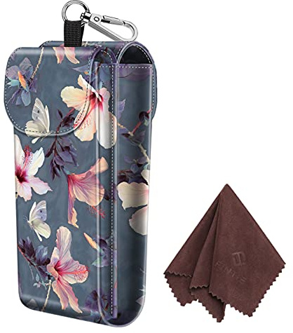 Fintie Double Glasses Case with Carabiner Hook, Portable Vegan Leather Eyeglass Case Anti-scratch Sunglasses Pouch, Blooming Hibiscus