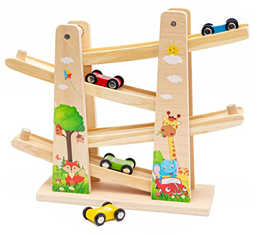Kugelbahn Autos Holz Car Rampe Auto Rennbahn Holzspielzeug mit 4 Autos Holz Zick-Zack-Autorutsche Kinderspielzeug fur Junge Mädchen Geschenke