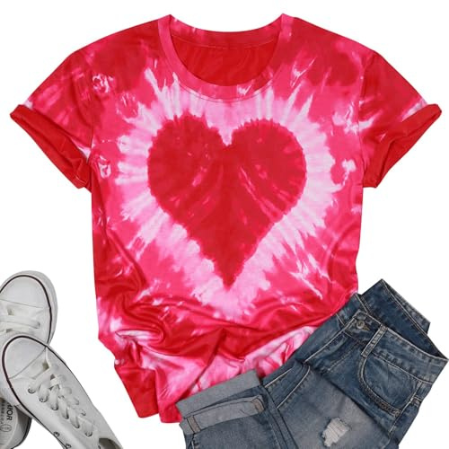 Valentines Shirts for Women Tie Dye Heart T Shirt Valentine's Tee Shirt Casual Lover Short Sleeve Tops Pink