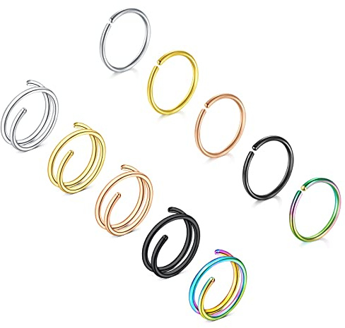 AceFun 20G 0.8MM Nariz Aro Anillo Nariz Piercing Hombres Mujeres Joyas Nariz Aro Doble Fosa Nasal Nostril Piercing Aro Plata Negro Azul Rosa Oro Arcoiris 8MM 10MM