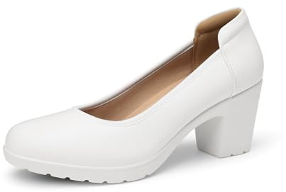 DREAM PAIRS Womens Edena Chunky Closed Toe Low Block Heels Work Pumps Comfortable Round Toe Dress Wedding Shoes SDPU2230W,Size 6,White,SDPU2230W