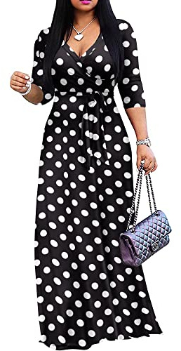 FANDEE Robe longue grande taille pour femmes - Robe d'été décontractée à col en V avec manches 3/4 ondulées, pointe 3XL