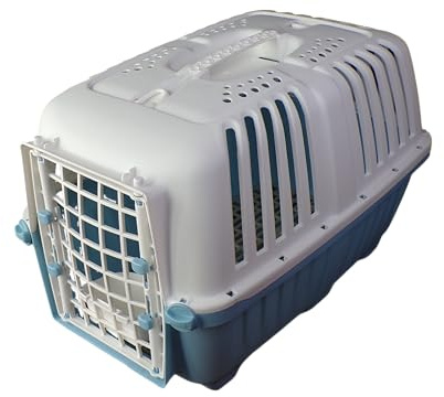Lanco - Trasportino per cani di piccola taglia. Plastica portatile e traspirante. Animali domestici Cani Gatti. Materiale resistente. 47x31x32 cm. Colore bianco e blu.