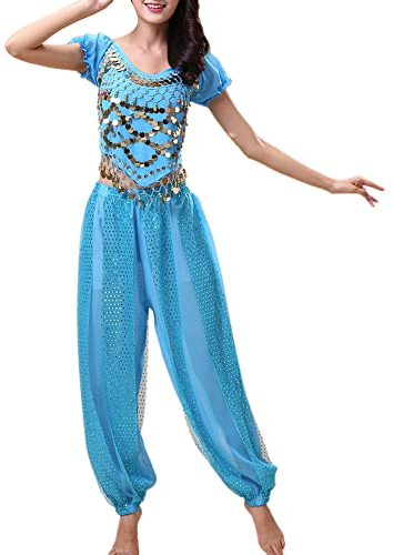 Oneyijun Damen Bauchtanz Kostüm Sets Tanz Tanzen Top Laterne Hosen Professionel Karneval Tänzer Outfit Suit