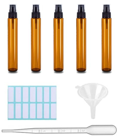 SKYPRO 5 st 10 ml bärnstensglas sprayflaskor, fin dimma sprayflaskor med pipettrattetiketter, mini resedispenserflaskor för eteriska oljor rengöring hudvård