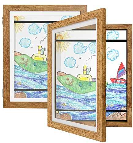 Kids Art Frames 8.5x11 Set of 2 - Front Opening Childrens Picture Frame Changeable, Wood Artwork Display Storage for Wall Mount, Magnetic Door Holds 50 Art Pieces for Drawings, 3D Picture, Crafts, Portfolio, Brown