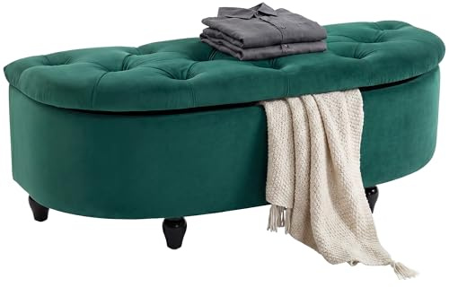 HOMCOM Banc avec espace de rangement Coffre avec couvercle ouvert, toucher velours, banc rembourré pour chambre à coucher, bois de caoutchouc vert foncé 120 x 46 x 42 cm