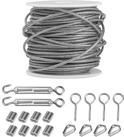 304 Edelstahl Stahlseil Kit, Btowin VCF 15M/2mm Drahtseil Rankhilfe Set - 4x Drahtseil Kauschen, 2x M5 Spannschloss Seilspanner, 4x Ösenschraube, 8x Alu-Pressklemmen für Zaunspanner Drahtspanner