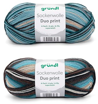 Gründl Juego de 2 ovillos de 100 g de hilo para calcetines (75% lana virgen (superwash), 25% poliamida) + instrucciones (idioma español no garantizado), azul turquesa
