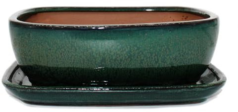 Bonsai-Schale mit Unterteller Gr. 4 - Grün - rechteckig - Modell GB5 - L 26cm - B 20cm - H 9cm