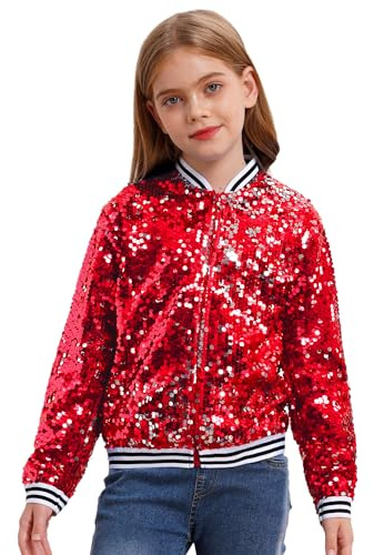 Linjinx Enfant Filles Blazer à Paillette Court Manteau Ajusté Zippé Veste Brillante à Manches Longues Blouson Haut de Danse Disco Soirée Chemise Décontractée 5-16 ans Rouge A 11-12 ans
