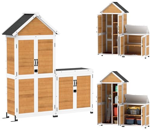 Outsunny Abri de Jardin + Armoire de Rangement en Bois, cabane de Jardin extérieur intérieur avec Toit incliné en Asphalte, étagères et Portes verrouillables, Armoire à Outils pour Balcon, Naturel