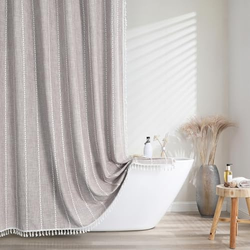 meioro randigt duschdraperi boho bondgård duschdraperier, linne vävt tyg textil duschdraperi set med 12 krokar, vattentät rustik böhmisk duschdraperi för badrum (grå, 183 x 198 cm)