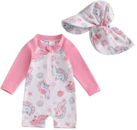 Toddler Baby Girl Swimsuit and Hat Zip Up Long Sleeve All in One Swimming Costume UV Sun Protection Swimwear One Piece Swimming Suit Rash Guard Sunsuit (Animal Seahorse Dark Rose, 2-3 Years)