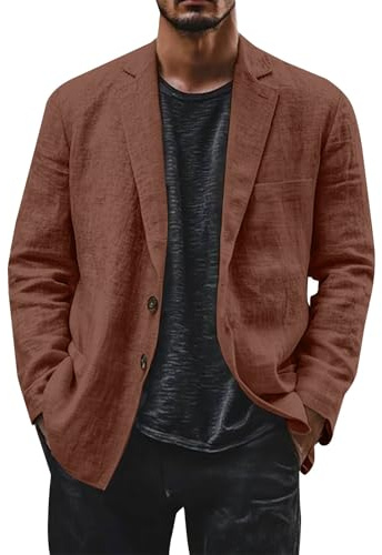 Veste d'été en lin pour homme - Blazer décontracté en coton et lin avec deux boutons - Veste simple et décontractée - Veste de costume pour les loisirs - Veste de transition pour homme - Coupe droite