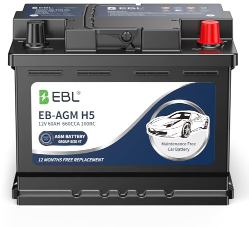 EBL BCI Group 47 Car Battery,12V 60Ah Size H5 Performance Series AGM Battery - High Power 660CCA 100RC, Maintenance-Free & Leakproof Design