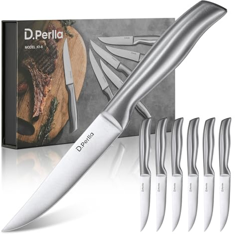 D.Perlla Coltello da Bistecca 6 Pezzi,Set di Coltelli da Bistecca a Lama Dritta Extra Affilata, Acciaio Inossidabile Coltello da Bistecca a Bordo Retto per il Tavolo della Cucina