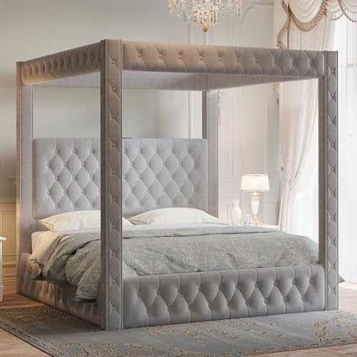Jocisland Upholstered Canopy Bed Frame King Size with 74.8 Tall Four Poster and Velvet Deep-Tufted Tall Headboard with Charging Station/Modern Luxury Style/No Box Spring Needed/Grey