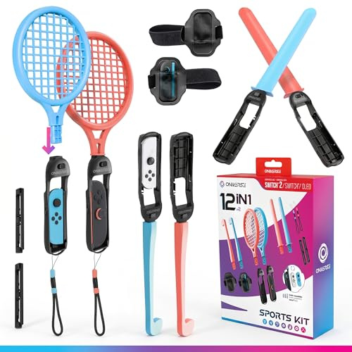 Oniverse 12-in-1 Accessory Kit for Switch 2 / Switch / OLED – Compatible with Nintendo Switch Sports – Tennis Rackets, Golf Clubs, Chambara Swords, Leg Straps, Wrist Straps and Universal Joy-Con Grips
