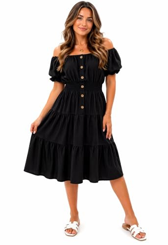 Pretty Attitude Women's Off Shoulder Midi Dress Summer Smocked Waist Button Front Tiered Swing Dress Short Puff Sleeve Casual Holiday Dress One Size