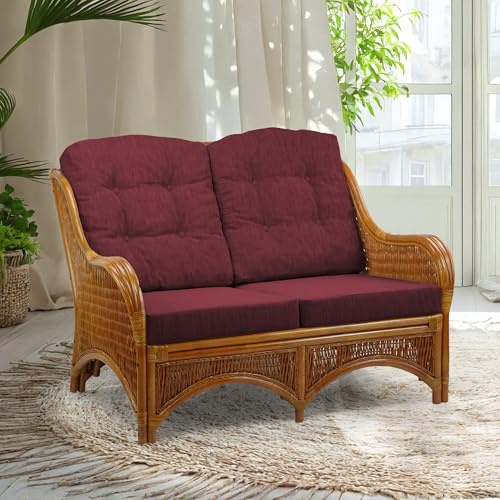 Jam Design Handmade Rattan Wicker Lounge Loveseat Sofa Couch with Dark Brown Cushion, Colonial