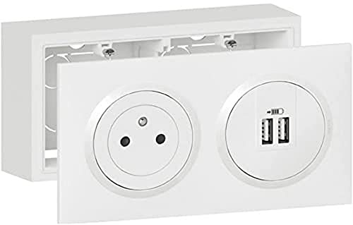 LEGRAND - Prise Electrique Murale avec Terre + Double Chargeur USB-A Précâblé dooxie Surface + Cadre Saillie - Prise 2P+T Affleurante avec Fond Rétractable - Blanc