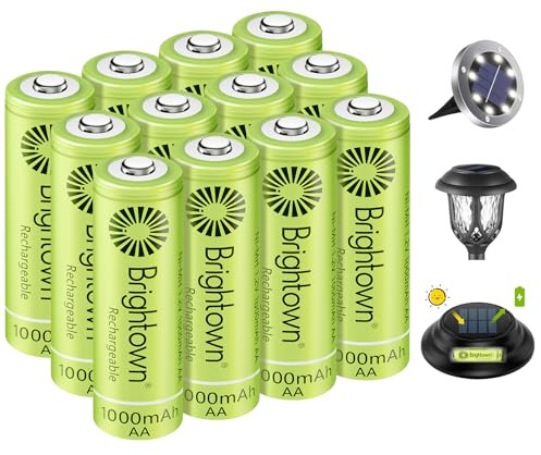 Brightown 12-Pack Rechargeable AA Batteries - 1000mAh 1.2V NiMH High Capacity Batteries - Ideal for Solar Lights & Home Devices, Recharge up to 1000x Times, Pre-Charged