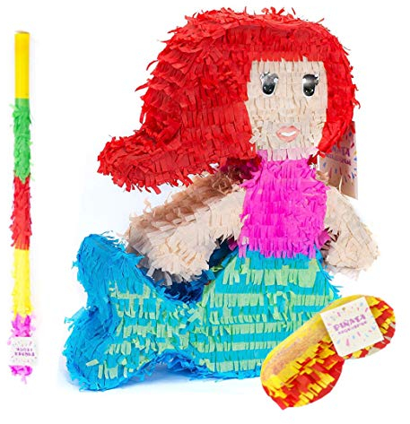 Trendario Meerjungfrau Pinata Set, Pinjatta + Stab + Augenmaske, Ideal zum Befüllen mit Süßigkeiten und Geschenken - Piñata für Kindergeburtstag Spiel, Geschenkidee, Party, Hochzeit