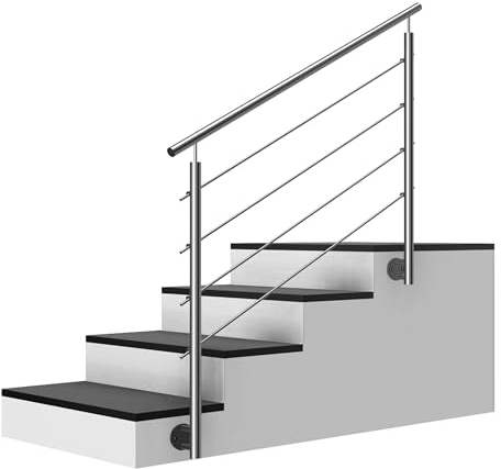 Edelstahl Treppengeländer Seitenmontage, 2m lang, 0,9m hoch, Außengeländer, je 2 Pfosten + 4 Querstreben + Handlauf mit Trägerplatten + Zubehör, Winkelverstellbar (L:2000mm H:900mm)