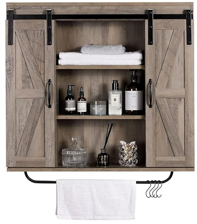 RUSTOWN Rustic Wood Wall Storage Cabinet with Two Sliding Barn Door, 3-Tier Decorative Farmhouse Vintage Cabinet for Kitchen Dining, Bathroom, Living Room, Washed Oak