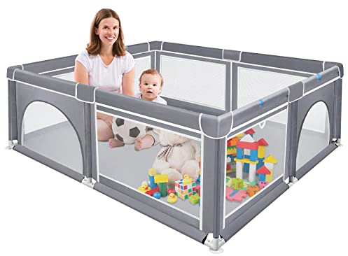 UISEBRT Laufstall Baby Laufgitter Schutzgitter mit Rutschfester Basis und Atmungsaktivem Netz, Stabiler Absperrgitter Aktivitätszentrum für Kinder, Grau, 180x150cm